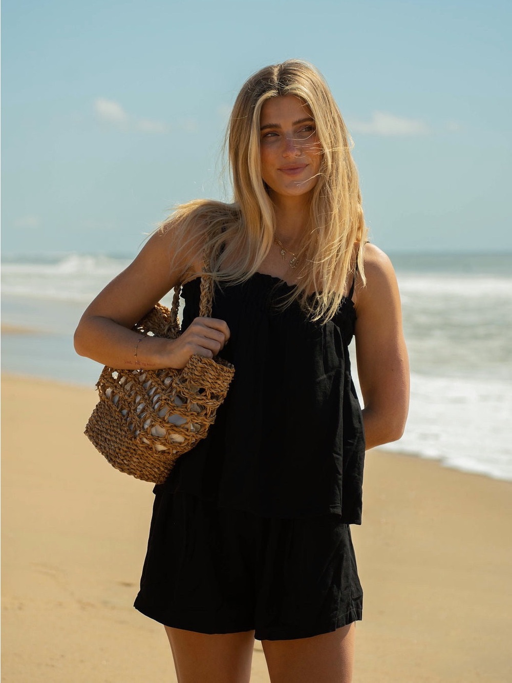 Dose of Soleil Black Linen Two-Piece Shorts Summer Set